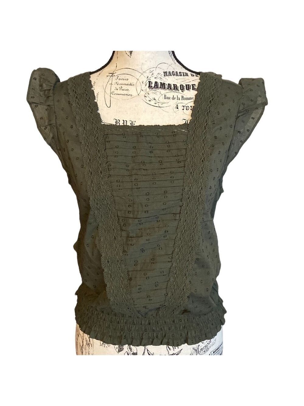 Lucky Brand Top Pleated Lace Olive Green Size S New